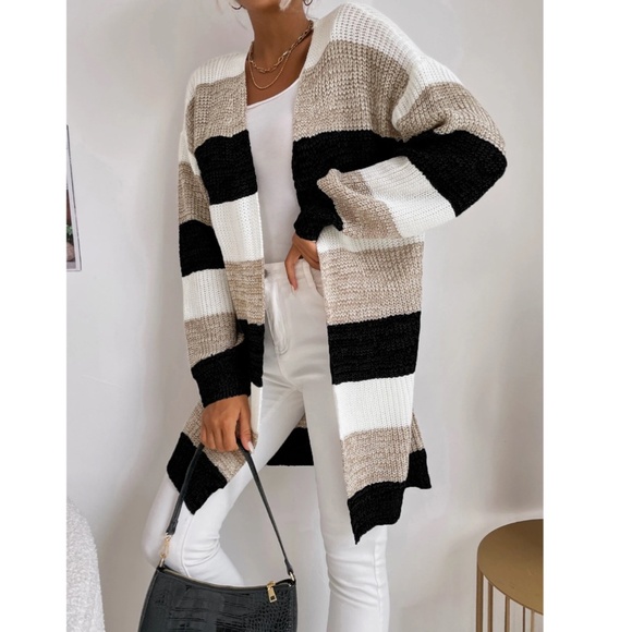 Colorblock Stripes Open Knit Cardigan Knee Length - Picture 6 of 8